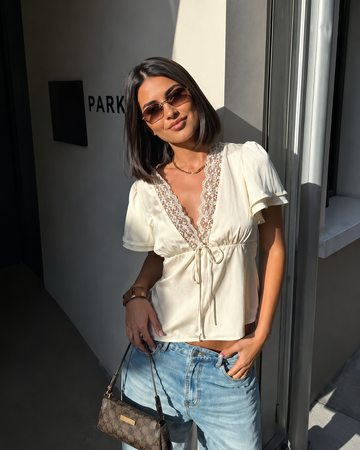 SheNest Lace Trim V-Neck White Blouse